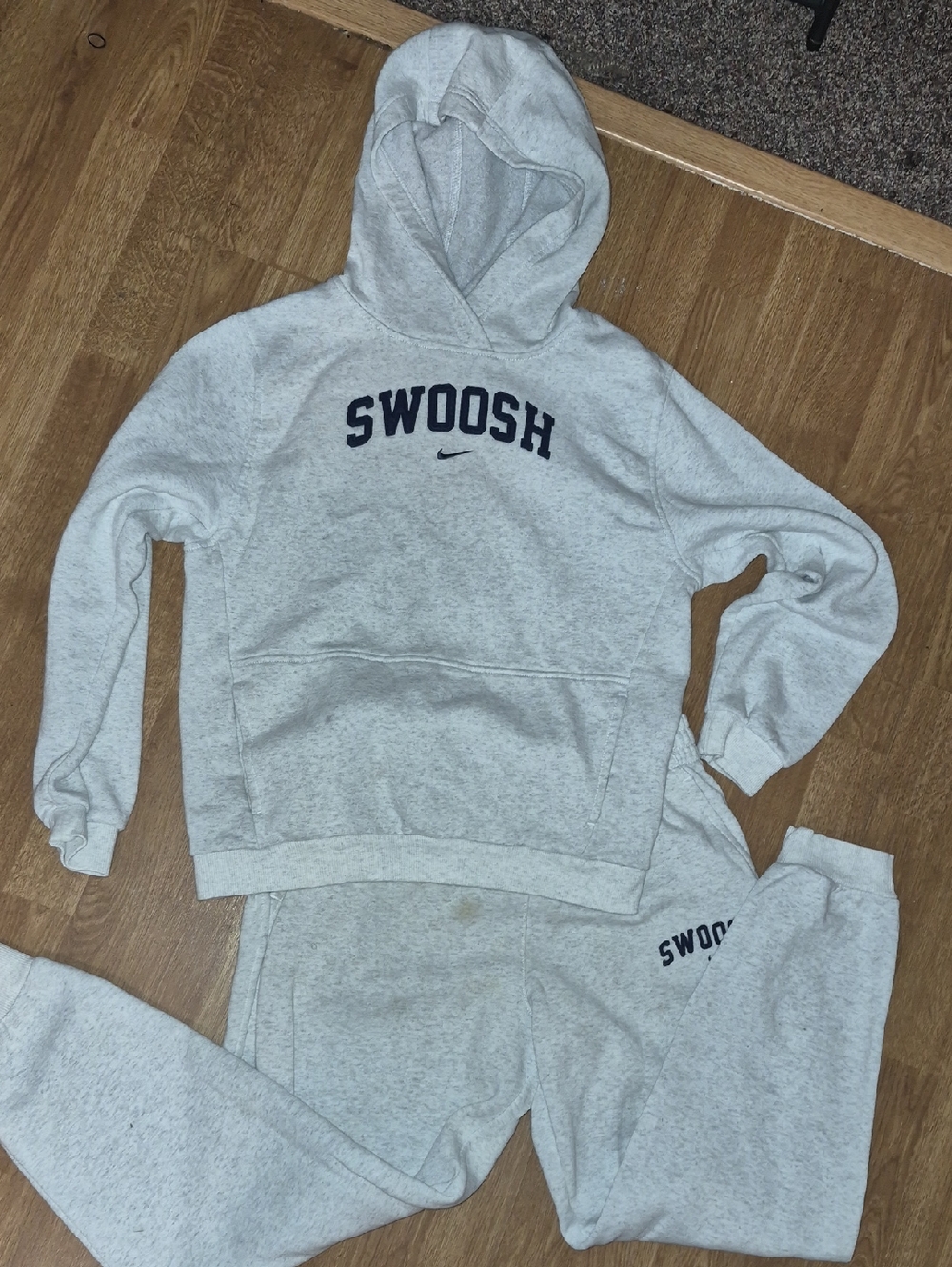 Nike Light Heather Gray Hoodie and Sweatpants Set with Navy 'SWOOSH' Logo
